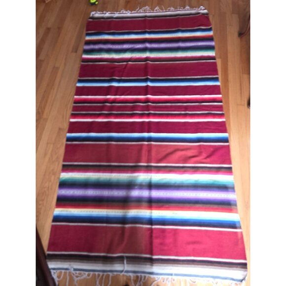 Mexican Serape Blanket Multicolor Stripes Handwoven Throw Fringe Edges 47"x84" - Picture 2 of 8